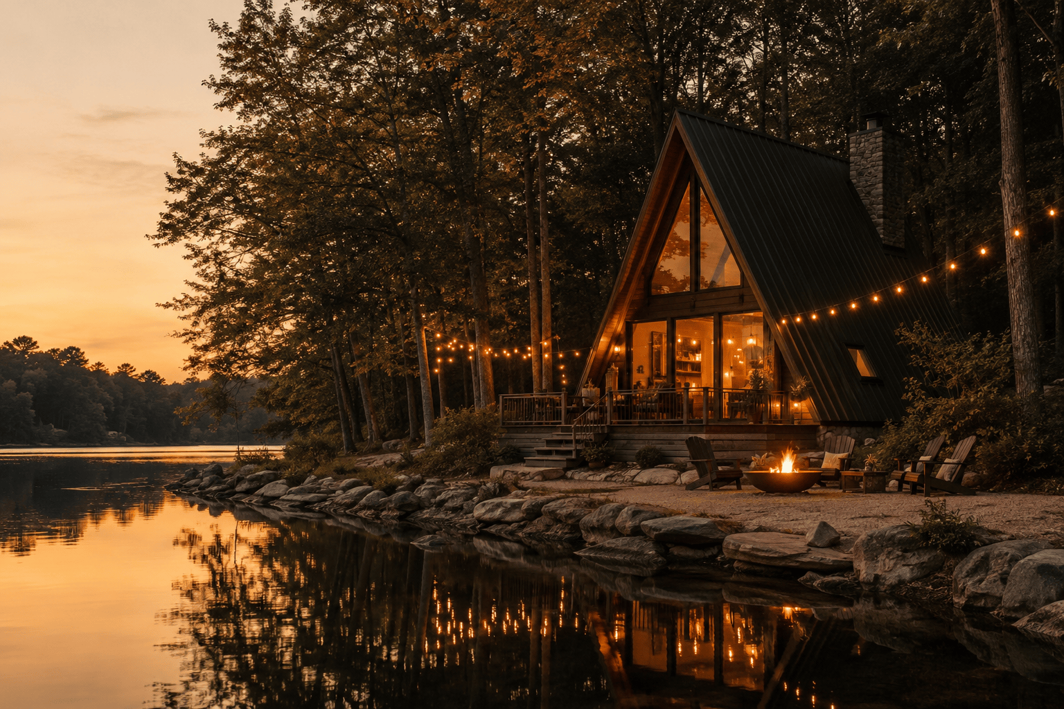 A line drawing of an A-frame cabin and palm frond reflected in a still lake
