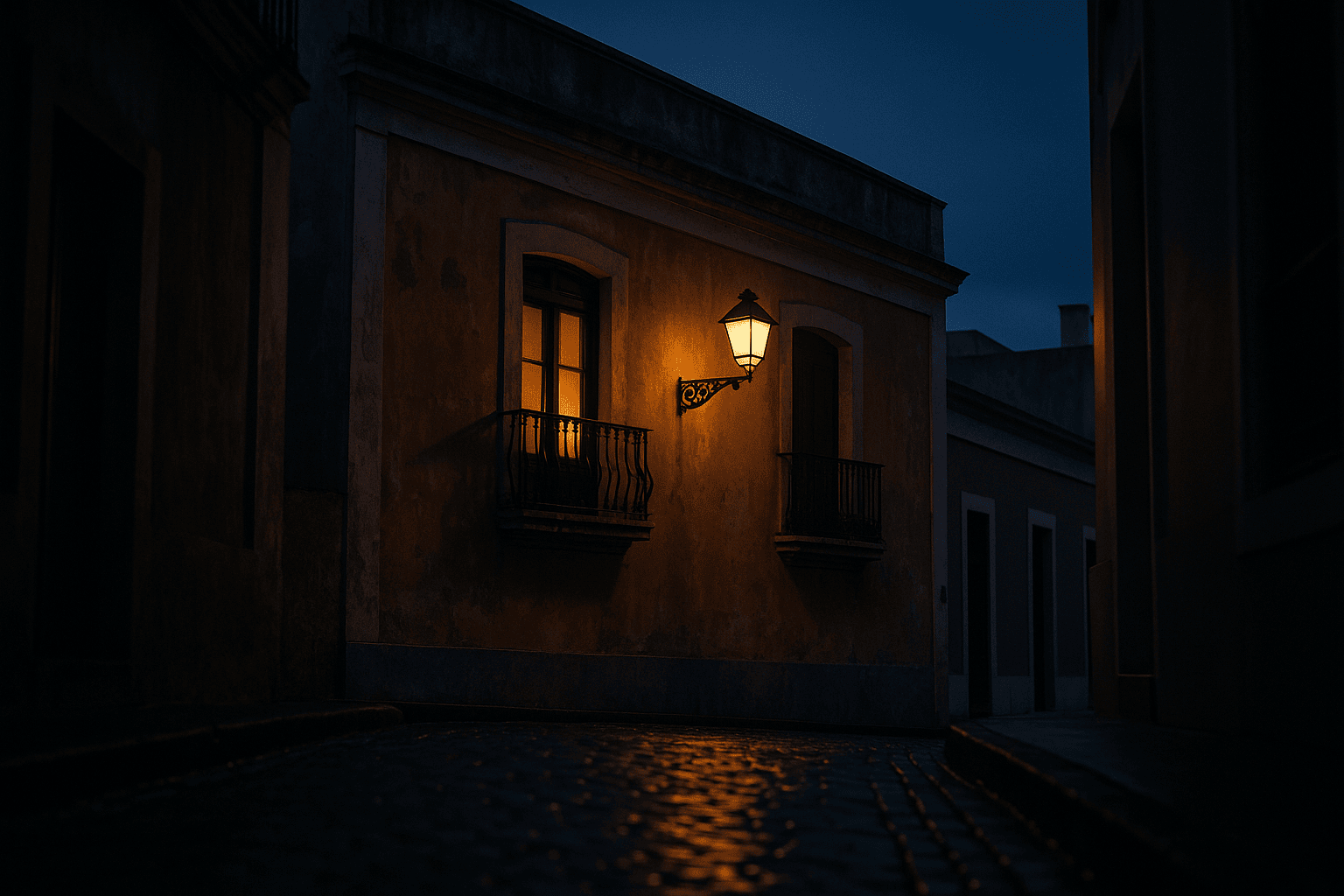 A lamplit window and a wrought-iron street lamp glowing amber against deep blue dusk above a cobblestone street