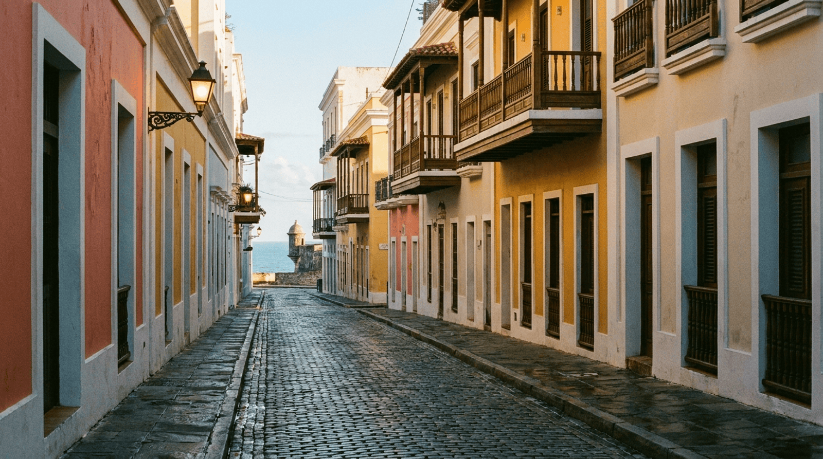 An empty cobblestone street in Old San Juan at dawn, blue light on the stones and the first gold on the balconies